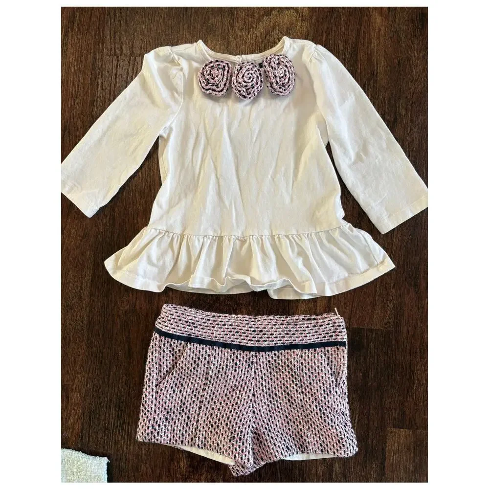 Janie & Jack Girls Size 4 Pink Navy Blue Tweed Shorts And Top 2-Piece Outfit Set
